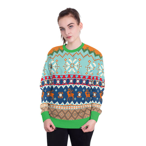 Image of Christmas Sweatshirts - Christmas Snowflake and Deer Striped Pattern 3D Sweatshirt