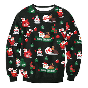 Christmas Sweatshirts - Santa Claus and Deer Icon Cute Black 3D Sweatshirt