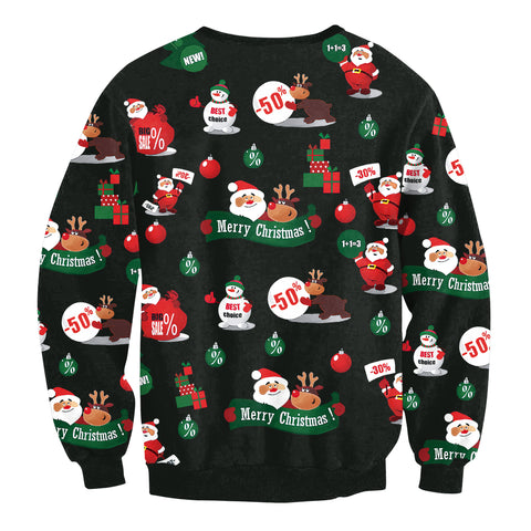 Image of Christmas Sweatshirts - Santa Claus and Deer Icon Cute Black 3D Sweatshirt