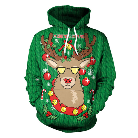 Image of Christmas Hoodies - Green Glasses Deer 3D Hoodie