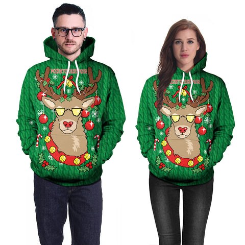 Image of Christmas Hoodies - Green Glasses Deer 3D Hoodie