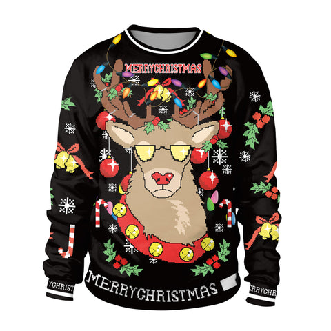 Image of Christmas Sweaters - Glasses Deer 3D Black Crew Neck Sweatshirt