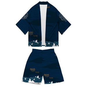Blue Kimono Harajuku Japan Style Cardigan Outwear Set for Men