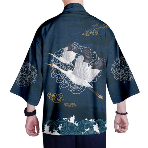 Image of Mens Blue Casual Kimono Print Japanese Clothes