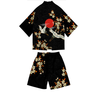 Mens Japanese Print Casual Kimonos Summer Autumn Clothes Sets