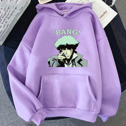 Image of Anime Cowboy Bebop Spiegel Spike Hooded Sweatshirt BANG Letter Print Casual Hoodies