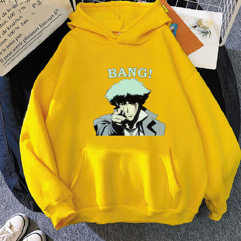 Image of Anime Cowboy Bebop Spiegel Spike Hooded Sweatshirt BANG Letter Print Casual Hoodies
