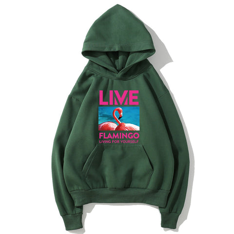 Image of Hip-Hop Fleece Hoodies - Solid Color Hip-Hop Series Flamingo Icon Super Cool Fleece Hoodie