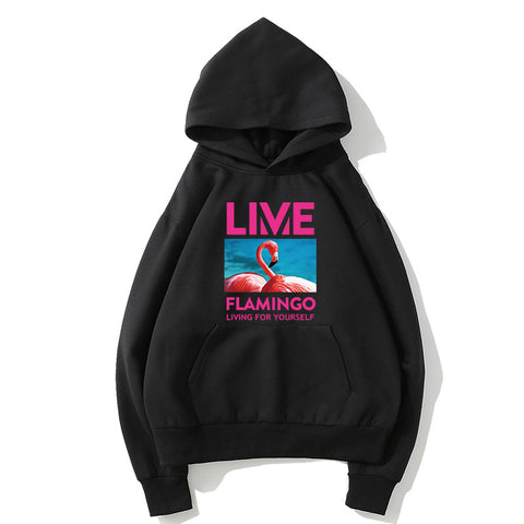 Image of Hip-Hop Fleece Hoodies - Solid Color Hip-Hop Series Flamingo Icon Super Cool Fleece Hoodie