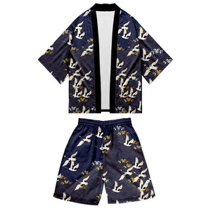 Blue Printed Kimono Harajuku Japan Style Cardigan Outwear Set for Men