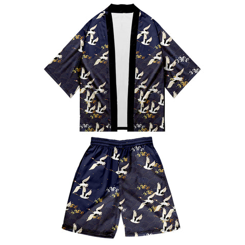 Image of Blue Printed Kimono Harajuku Japan Style Cardigan Outwear Set for Men
