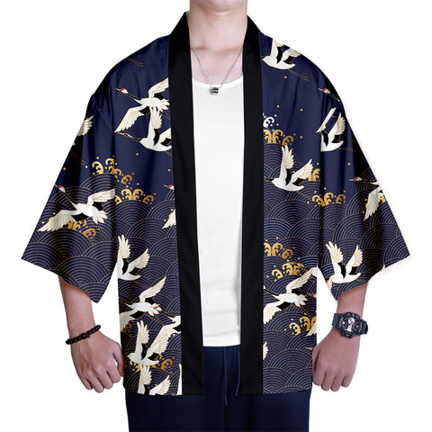 Image of Mens Blue Casual Kimono Print Japanese Clothes