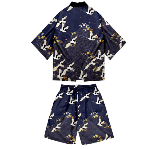 Image of Blue Printed Kimono Harajuku Japan Style Cardigan Outwear Set for Men