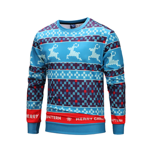 Image of Christmas Sweatshirts -Blue Christmas Snowflake Deer Striped Pattern Icon 3D Sweatshirt