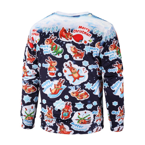 Image of Christmas Sweatshirts - Cute Christmas Deer Cartoon Style Striped Pattern 3D Sweatshirt