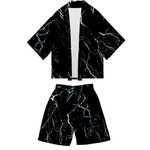 Image of Black Printed Mens Kimono Japanese Summer Clothes Set