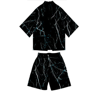 Black Printed Mens Kimono Japanese Summer Clothes Set