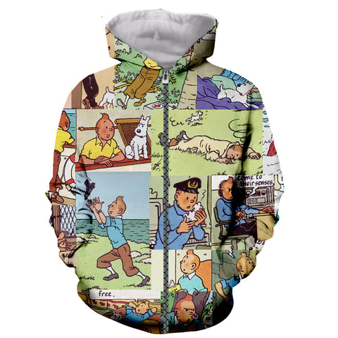 Image of Cartoon 3D Printed The Adventures of Tintin Zipper Hoodies