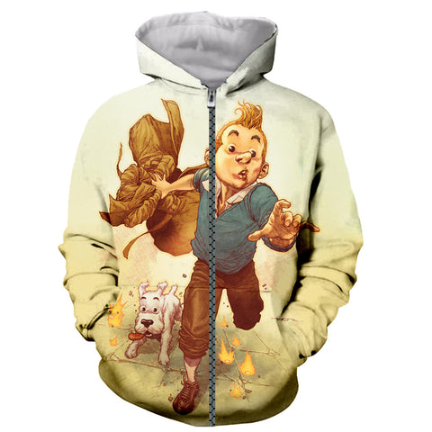 Image of Cartoon 3D Printed The Adventures of Tintin Zip Up Hoodies