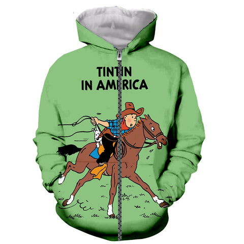 Image of 3D Printed Cartoon The Adventures of Tintin Zip Up Hoodies