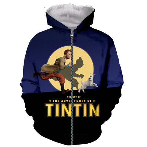 Image of Cartoon 3D Printed The Adventures of Tintin Zip Up Hoodies