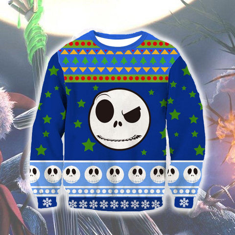 Image of Nightmare Before Christmas Jack Sweatshirts - Nightmare Before Christmas Sweatshirts - Cool Blue Knitting Pattern 3D Ugly Christmas Sweatshirt