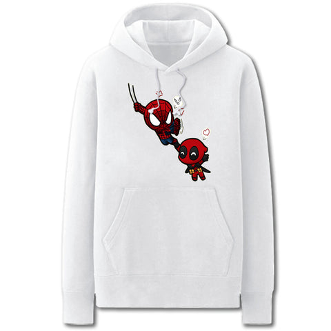 Image of Spiderman and Deadpool Hoodies - Super Funny Solid Color Hero Spiderman and Deadpool Cartoon Style Fleece Hoodie