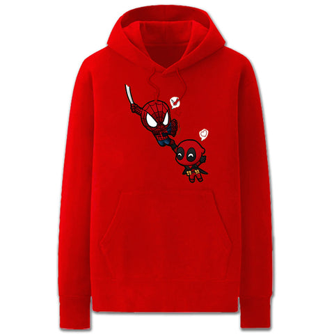 Image of Spiderman and Deadpool Hoodies - Super Funny Solid Color Hero Spiderman and Deadpool Cartoon Style Fleece Hoodie