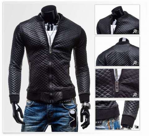 Image of Solid Color Jackets- Zip Up Lingge Collar Black Genuine Leather Jacket