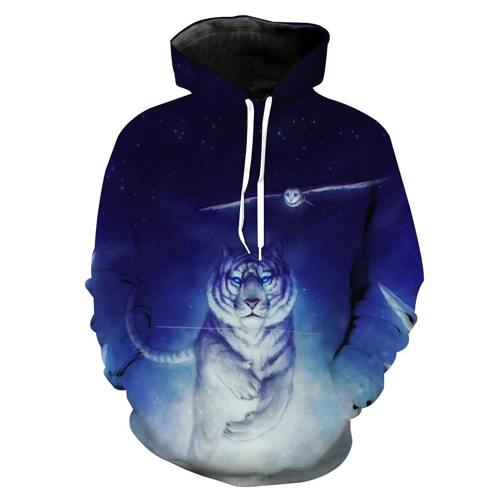 Space Tiger and Owl Hoodies - Tiger Printed Pullover Black Hoodie