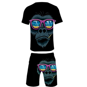 Men‘s Fashionable Black 3D Print Cartoon Orangutan T-Shirt and Shorts Two-piece Set