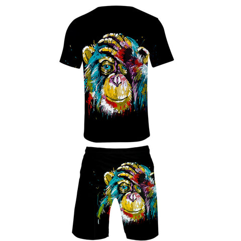 Image of Men‘s Fashionable Black 3D Print Cartoon Orangutan T-Shirt and Shorts Two-piece Set