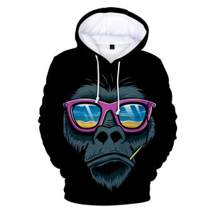 Unisex Fashionable Black 3D Print Cartoon Orangutan Pullover Hoodies