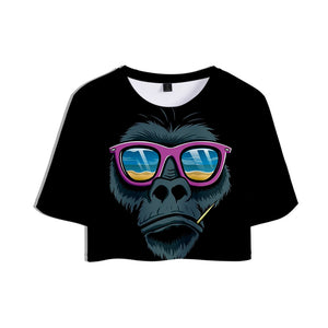 Women's Fashionable Black 3D Cartoon Orangutan Short T-shirt and Shorts  Set