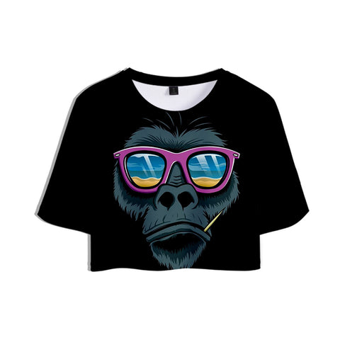 Image of Women's Fashionable Black 3D Cartoon Orangutan Short T-shirt and Shorts  Set