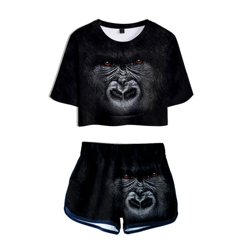 Image of Women's Fashionable Black 3D Print Orangutan Short T-shirt and Shorts Two-piece Set