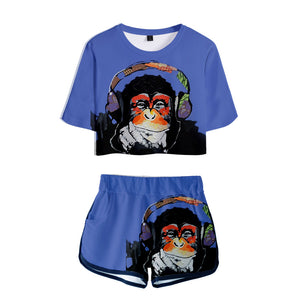 Women's Fashionable 3 Colors 3D Cartoon Orangutan Short T-shirt and Shorts Set