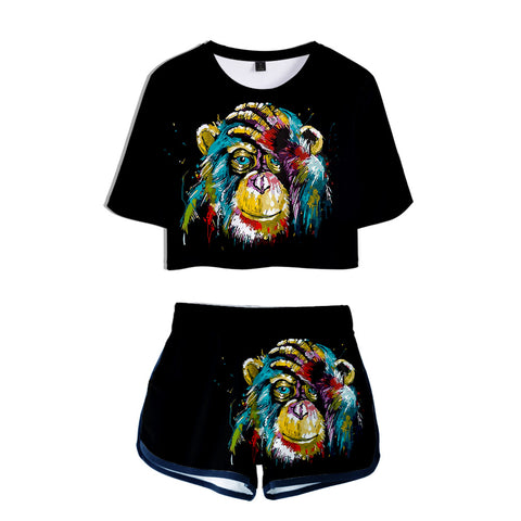 Image of Women's Fashionable Black 3D Cartoon Orangutan Short T-shirt and Shorts  Set