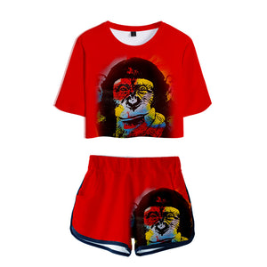 Women's Fashionable 3 Colors 3D Cartoon Orangutan Short T-shirt and Shorts Set
