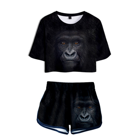 Image of Women's Fashionable Black 3D Print Orangutan Short T-shirt and Shorts Two-piece Set