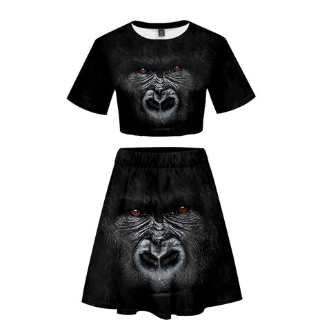 Image of Women's Fashionable Black 3D Print Orangutan Short T-shirt and Skirt Two-piece Set
