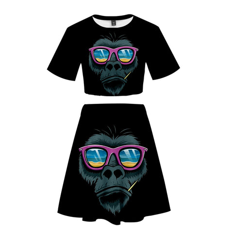 Image of Women's Fashionable Black 3DPrint Cartoon Orangutan Short T-shirt and Skirt Set