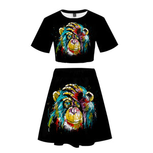 Women's Fashionable Black 3DPrint Cartoon Orangutan Short T-shirt and Skirt Set
