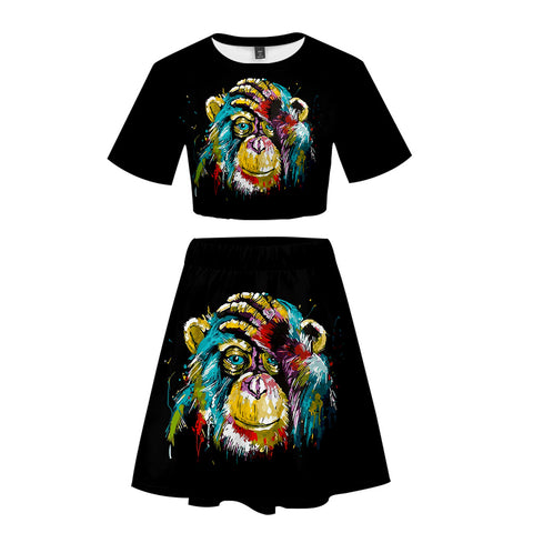 Image of Women's Fashionable Black 3DPrint Cartoon Orangutan Short T-shirt and Skirt Set
