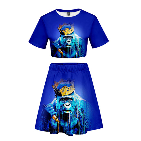Image of Women's 3 Colors 3DPrint Cartoon Orangutan Short T-shirt and Skirt Set