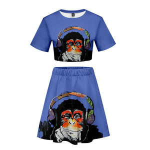 Women's 3 Colors 3DPrint Cartoon Orangutan Short T-shirt and Skirt Set