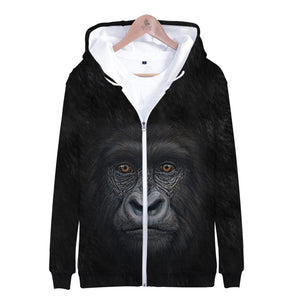 Unisex Fashionable Black 3D Print Orangutan Zip Up Jacket