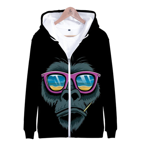 Image of Unisex Fashionable Black 3D Print Cartoon Orangutan Zip Up Jacket