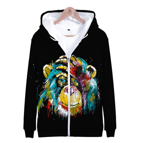 Image of Unisex Fashionable Black 3D Print Cartoon Orangutan Zip Up Jacket