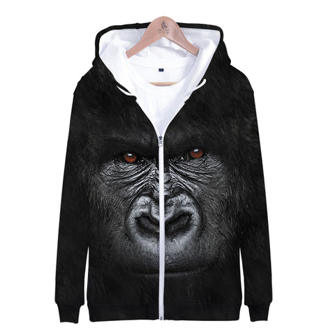 Image of Unisex Fashionable Black 3D Print Orangutan Zip Up Jacket